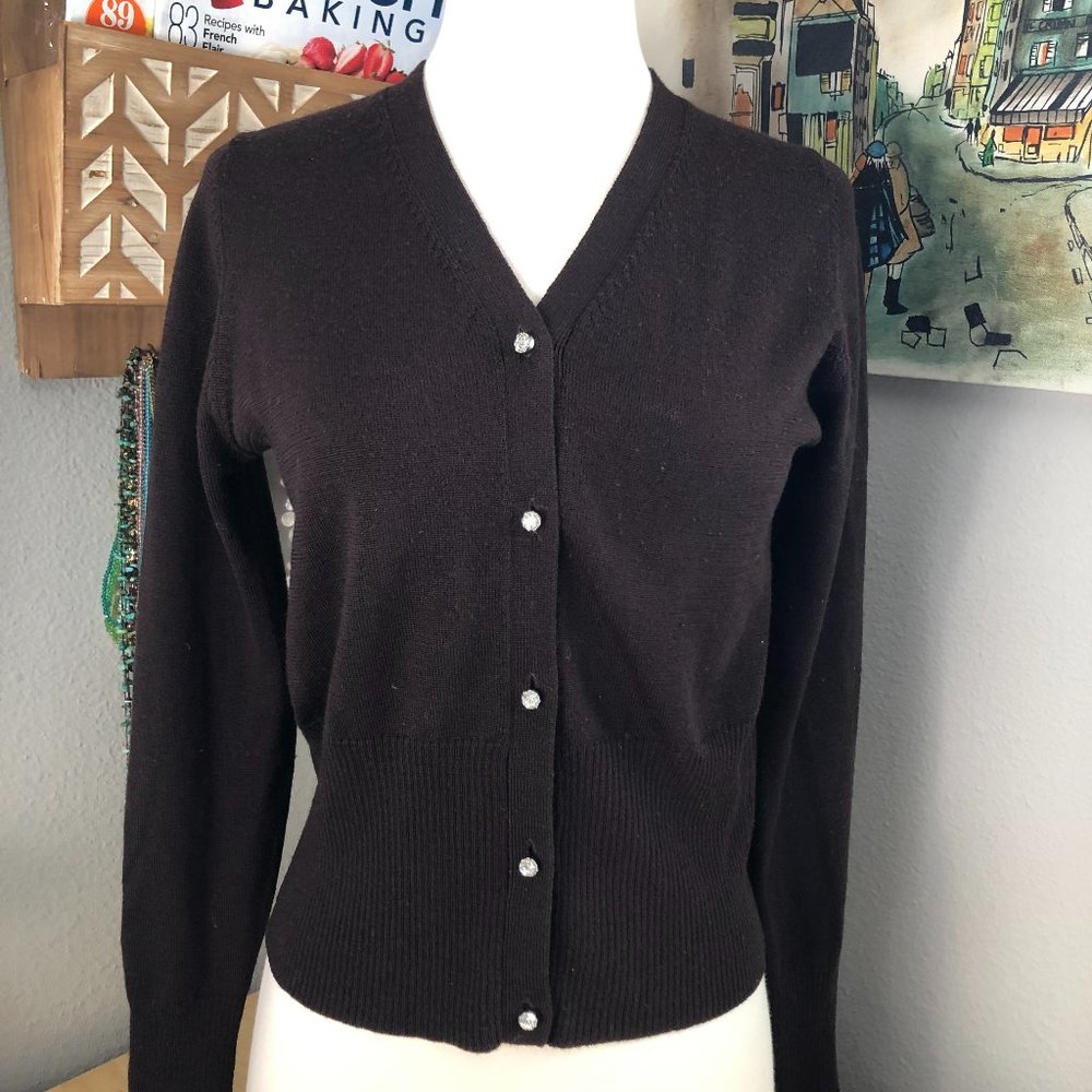 KAREN KANE Merino Wool Cardigan Women’s size S Brown Jeweled Rhinestone Buttons
